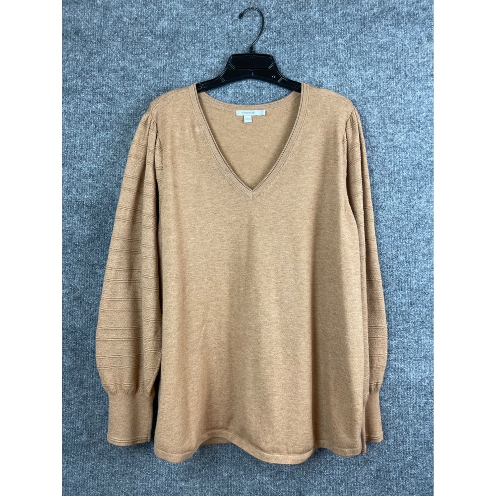 Chicos V-Neck Sweater Women's 4 XXL Tan Good Puff Sleeve Textured Knit Top